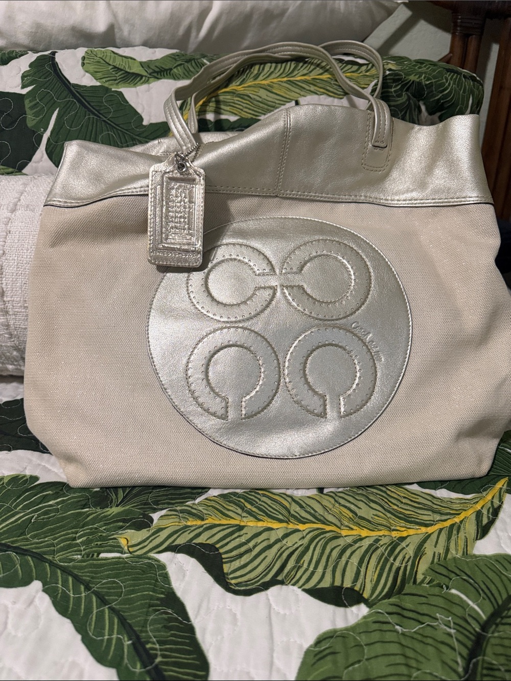 Vintage Coach Silver and Cream Canvas Tote with Signature Round Patch